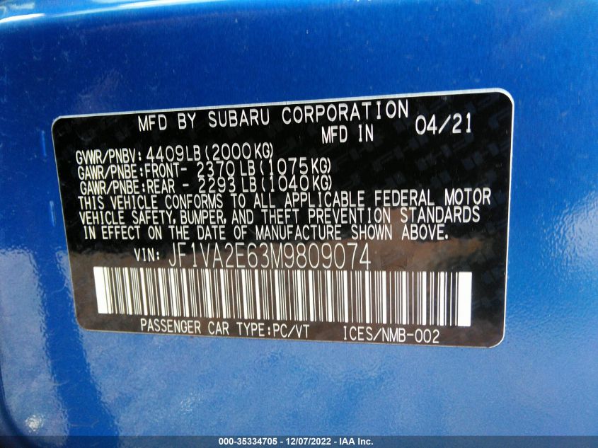 VIN JF1VA2E63M9809074 2021 SUBARU WRX STI