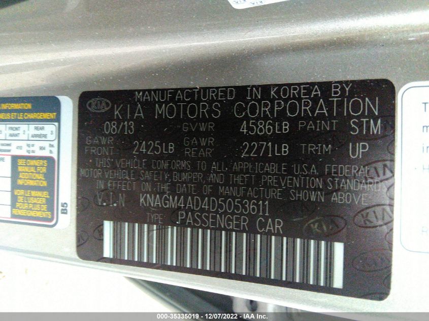 2013 KIA OPTIMA HYBRID EX KNAGM4AD4D5053611