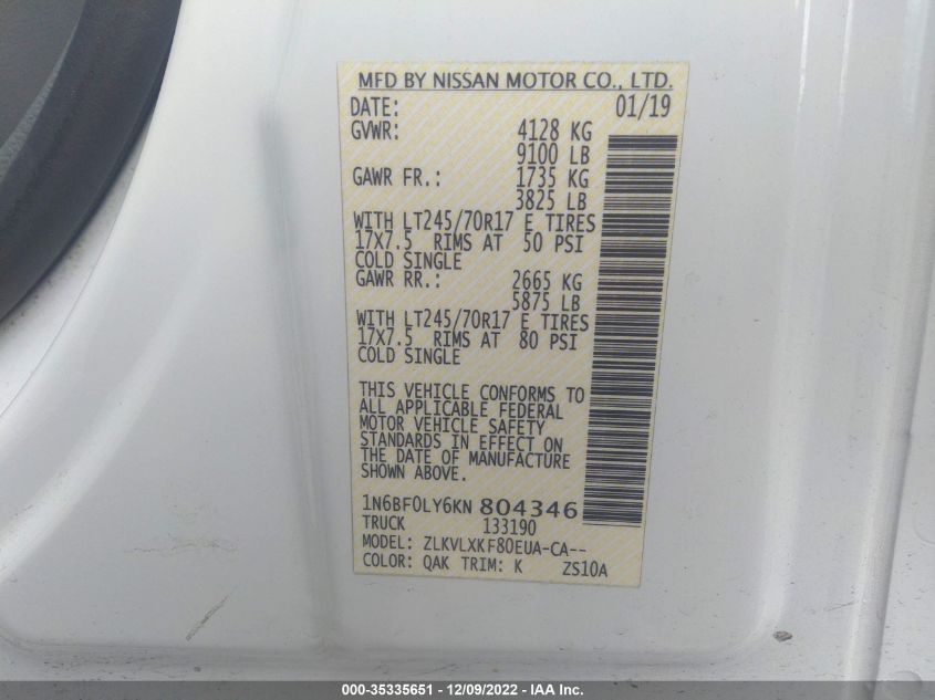 2019 NISSAN NV CARGO SV 1N6BF0LY6KN804346