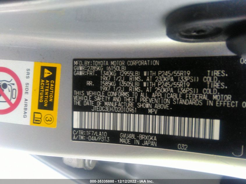 2013 TOYOTA HIGHLANDER HYBRID LIMITED JTEDC3EH7D2010961