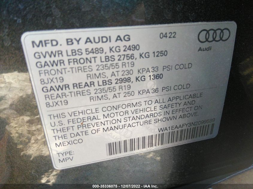 WA1EAAFY3N2099599 2022 AUDI Q5, photo no. 9