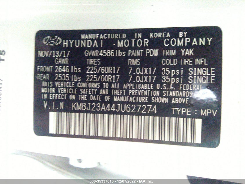 VIN KM8J23A44JU627274 2018 HYUNDAI TUCSON SE