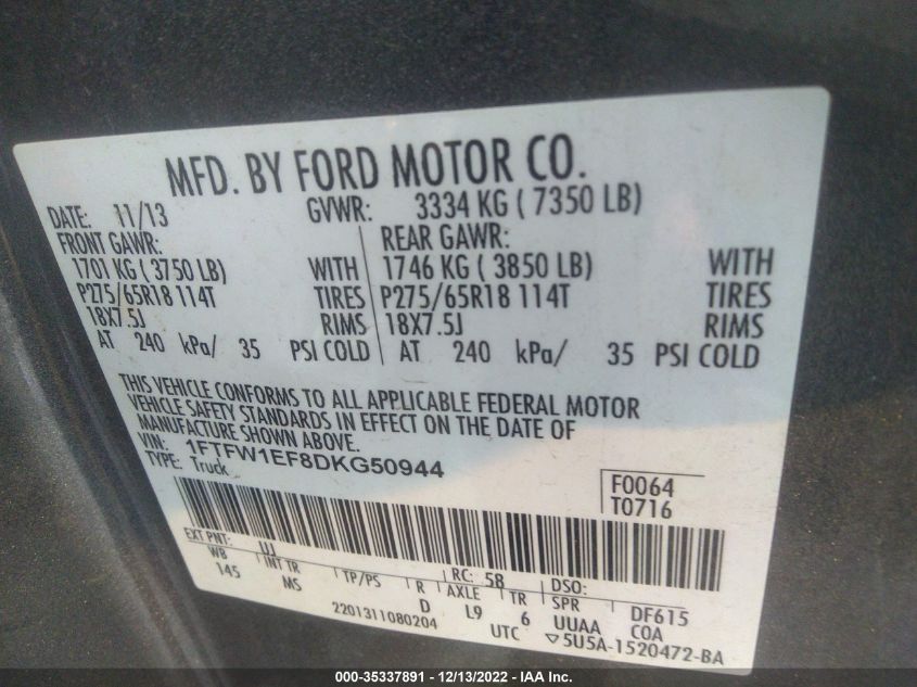 2013 FORD F-150 XL/XLT/FX4/LARIAT 1FTFW1EF8DKG50944