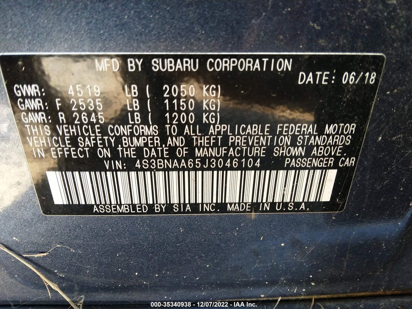 Auction sale of the 2018 SUBARU LEGACY , vin: 4S3BNAA65J3046104, lot number: 35340938