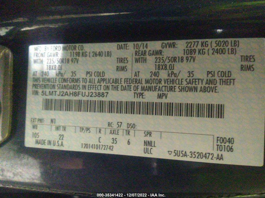 2015 LINCOLN MKC 5LMTJ2AH8FUJ23887