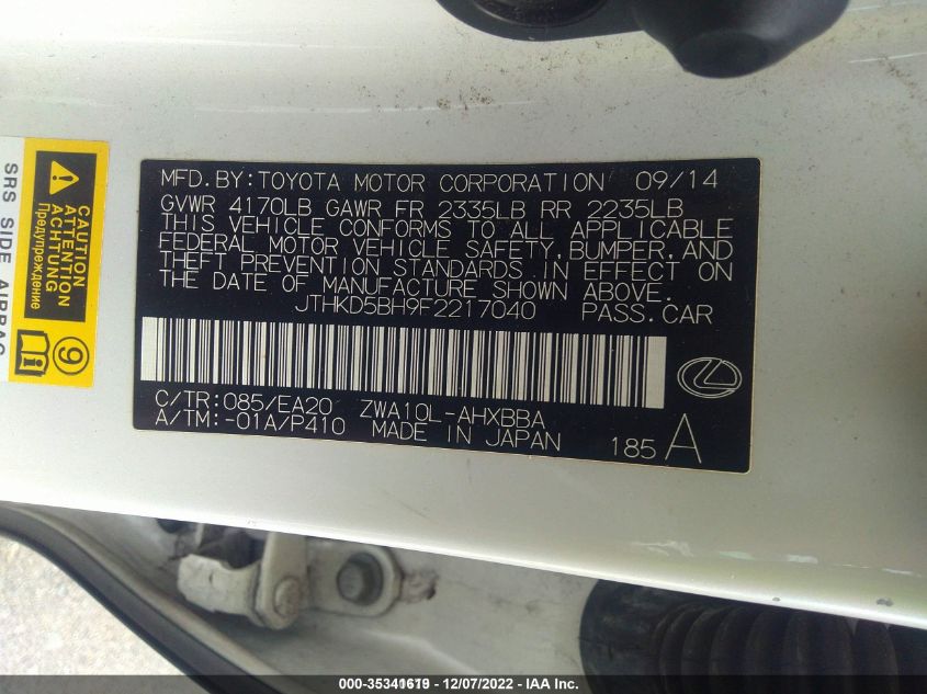2015 LEXUS CT 200H HYBRID JTHKD5BH9F2217040
