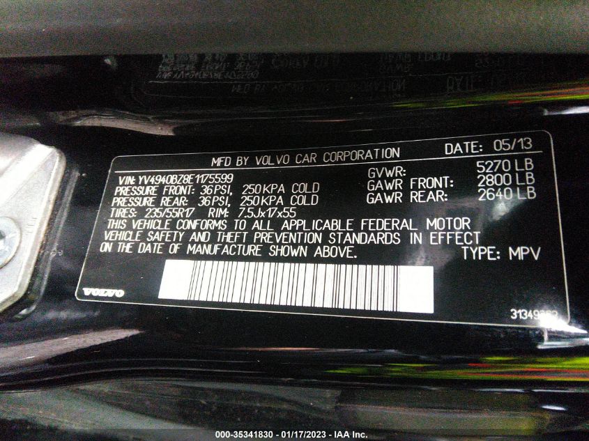 2014 VOLVO XC70 3.2L YV4940BZ8E1175599