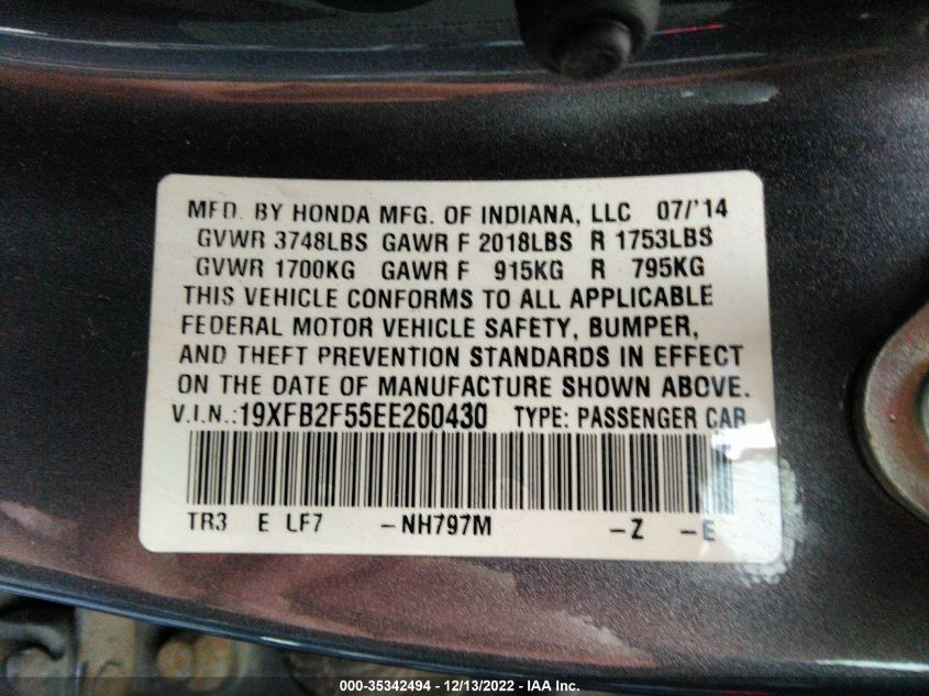 2014 HONDA CIVIC SEDAN LX 19XFB2F55EE260430