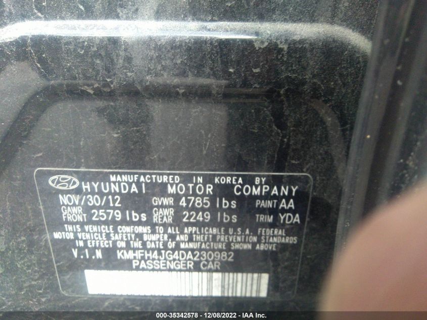 2013 HYUNDAI AZERA KMHFH4JG4DA230982