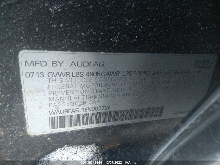 2014 AUDI A4 PREMIUM WAUBFAFL1EN007724