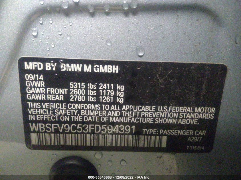 2015 BMW M5 WBSFV9C53FD594391