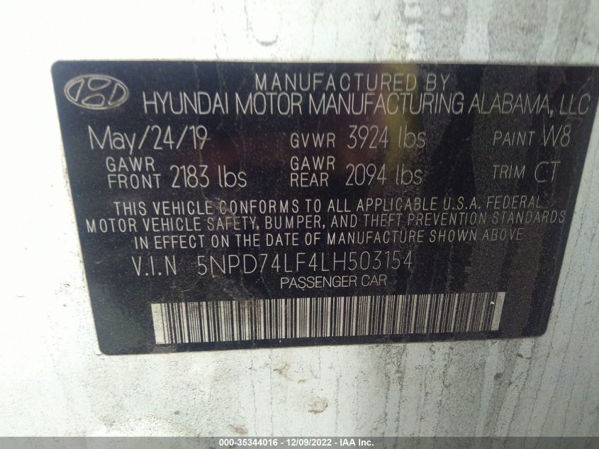 VIN 5NPD74LF4LH503154 2020 HYUNDAI ELANTRA no.9