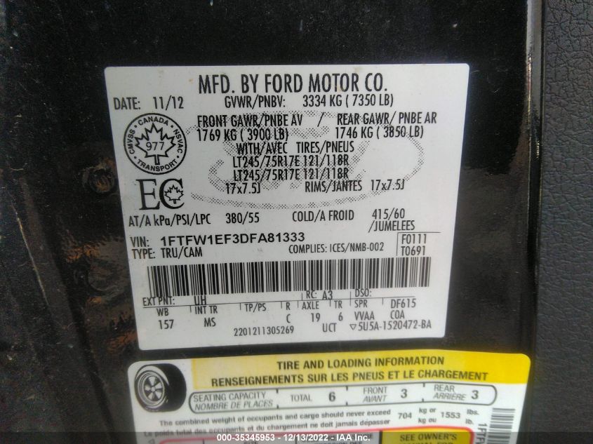 2013 FORD F-150 XL/XLT/FX4/LARIAT 1FTFW1EF3DFA81333