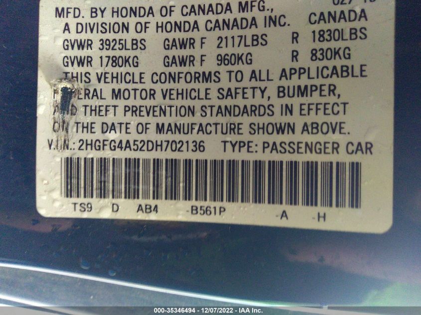 2013 HONDA CIVIC CPE SI 2HGFG4A52DH702136