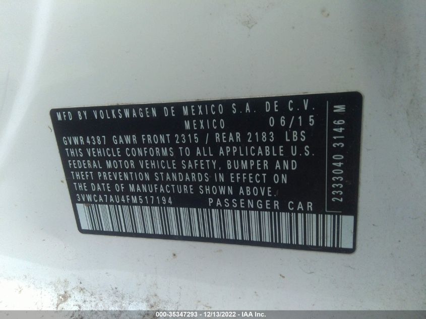 2015 VOLKSWAGEN GOLF SPORTWAGEN TDI S 3VWCA7AU4FM517194
