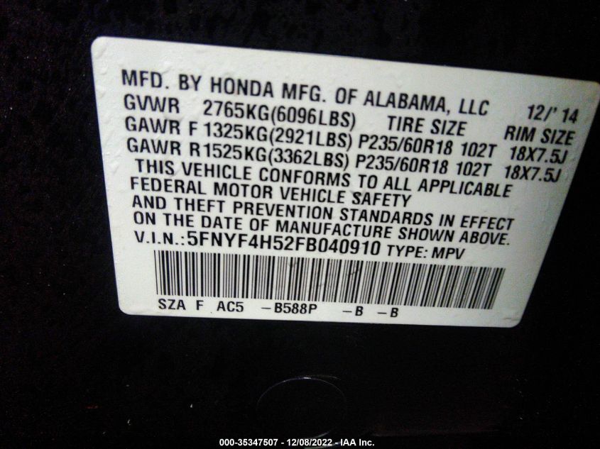 2015 HONDA PILOT EX-L - 5FNYF4H52FB040910