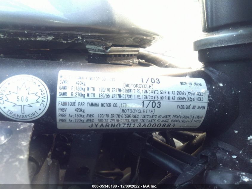 2003 YAMAHA FZS10 JYARN07N13A000884