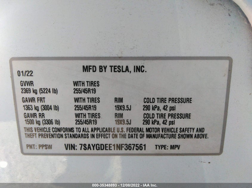 VIN 7SAYGDEE1NF367561 2022 TESLA MODEL Y LONG RANGE