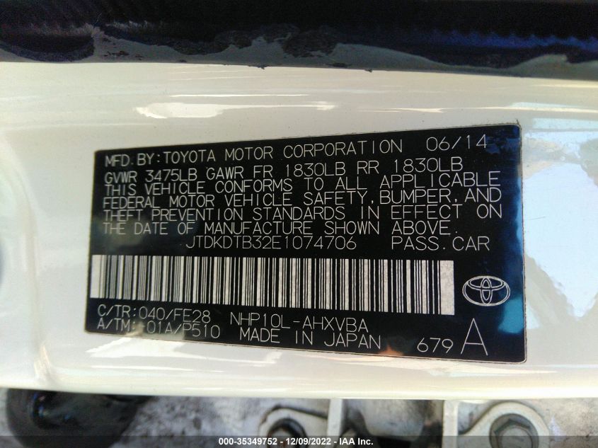 2014 TOYOTA PRIUS C ONE/THREE/TWO/FOUR JTDKDTB32E1074706