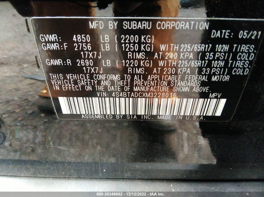 VIN 4S4BTADCXM3228016 2021 SUBARU OUTBACK PREMIUM