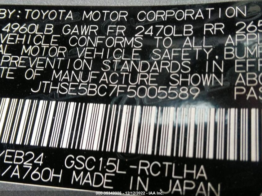 2015 LEXUS RC 350 - JTHSE5BC7F5005589
