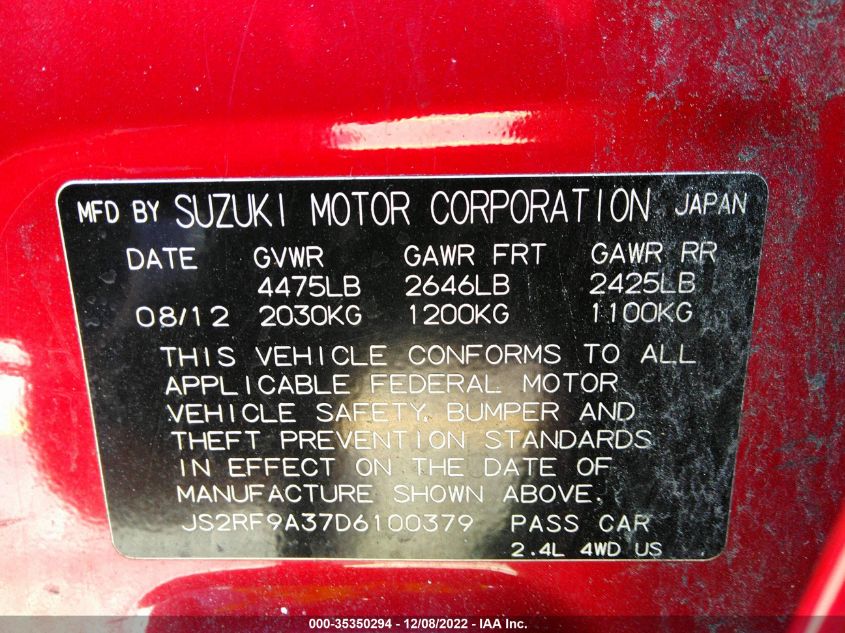 2013 SUZUKI KIZASHI SE JS2RF9A37D6100379