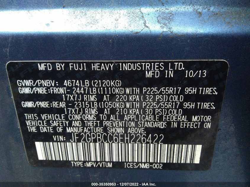 2014 SUBARU XV CROSSTREK HYBRID JF2GPBCC6EH226422