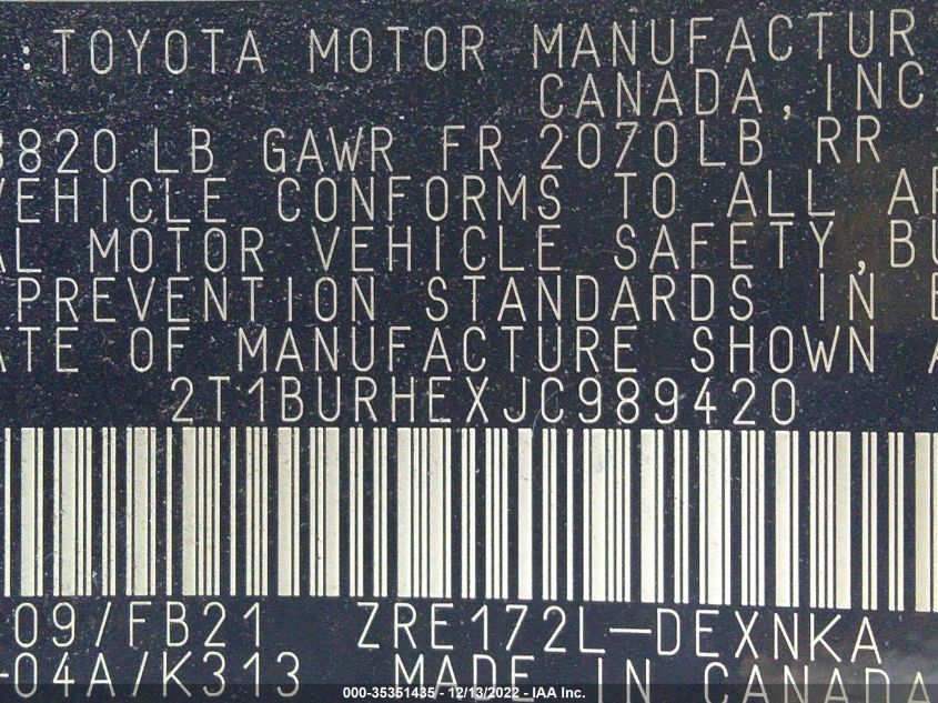 VIN 2T1BURHEXJC989420 2018 TOYOTA COROLLA LE