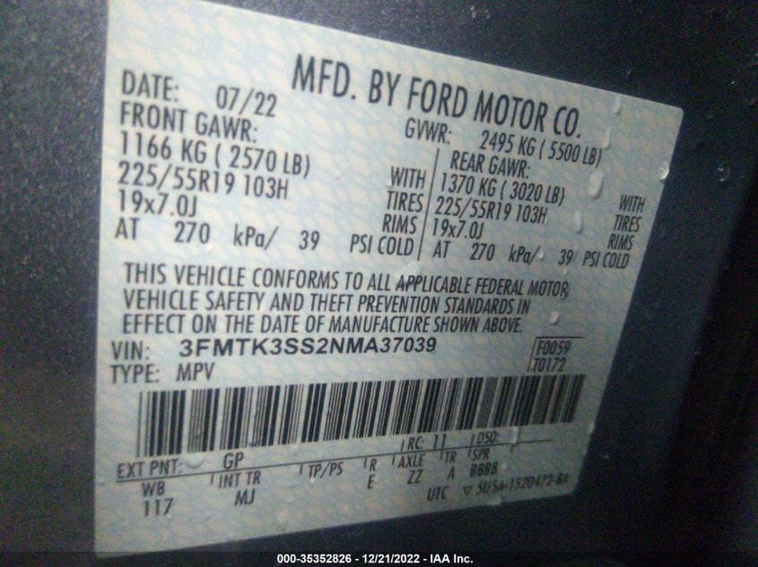 2022 FORD MUSTANG MACH-E PREMIUM 3FMTK3SS2NMA37039