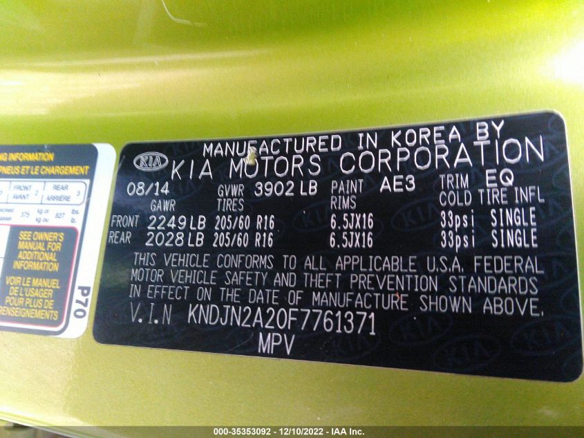 2015 KIA SOUL BASE - KNDJN2A20F7761371