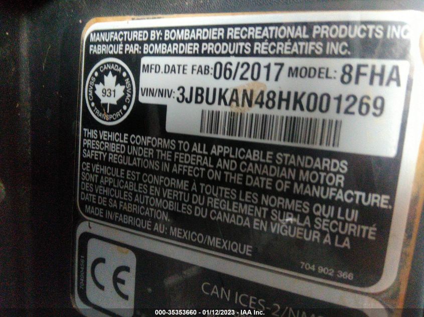 2017 CAN-AM DEFENDER XT HD8 3JBUKAN48HK001269