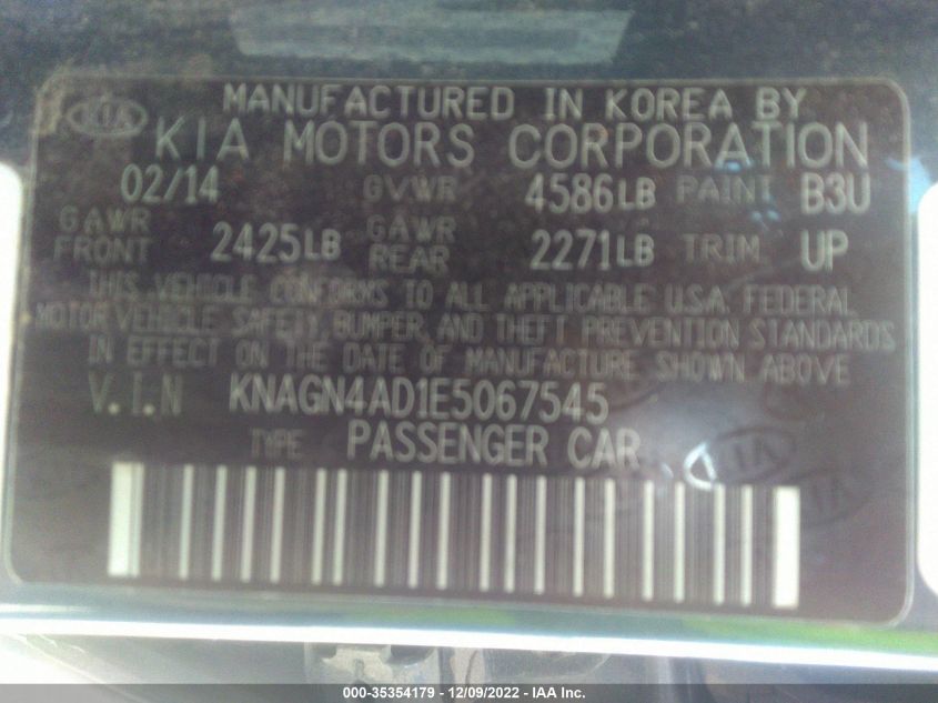 2014 KIA OPTIMA HYBRID EX KNAGN4AD1E5067545