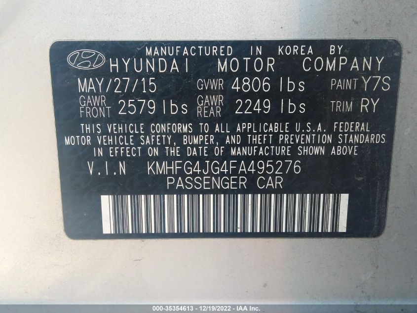 2015 HYUNDAI AZERA KMHFG4JG4FA495276
