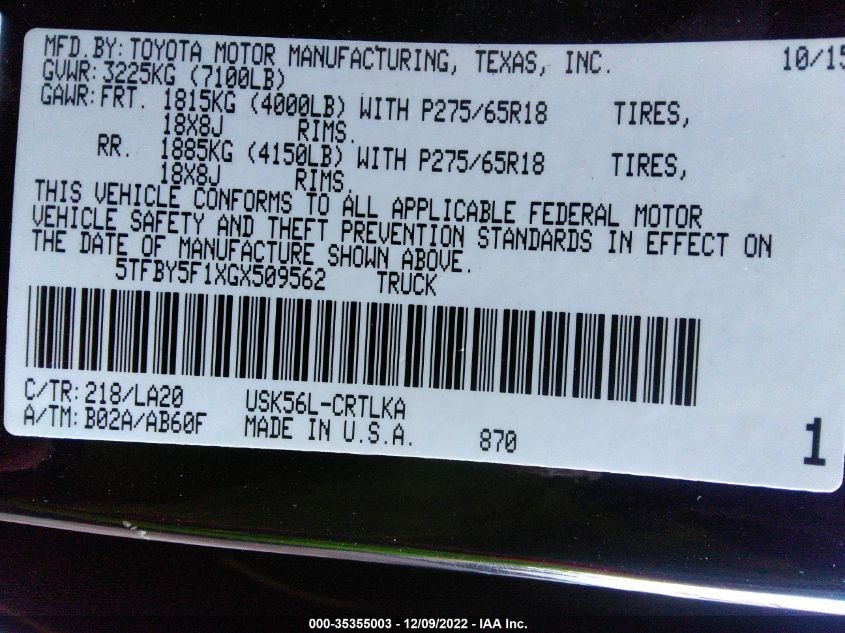 2016 TOYOTA TUNDRA 4WD TRUCK LTD - 5TFBY5F1XGX509562