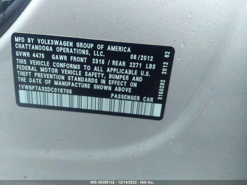 1VWBP7A32DC015705 | 2013 VOLKSWAGEN PASSAT