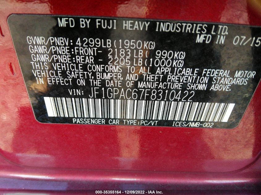 2015 SUBARU IMPREZA WAGON 2.0I PREMIUM - JF1GPAC67F8310422