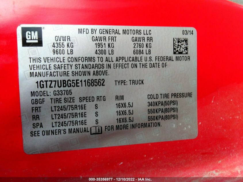 2014 GMC SAVANA CARGO VAN 1GTZ7UBG5E1168562