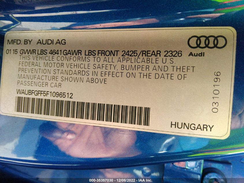2015 AUDI S3/A3 2.0T PREMIUM PLUS WAUBFGFF5F1096512