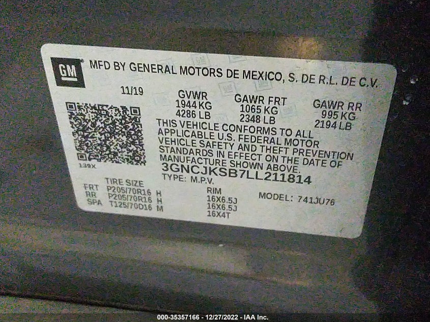 VIN 3GNCJKSB7LL211814 2020 CHEVROLET TRAX LS
