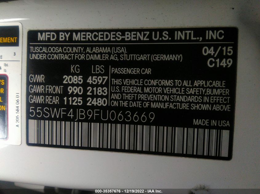 2015 MERCEDES-BENZ C-CLASS C 300 55SWF4JB9FU063669
