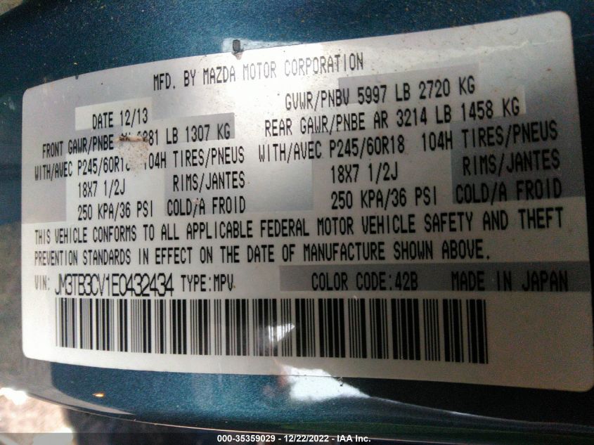2014 MAZDA CX-9 TOURING JM3TB3CV1E0432434