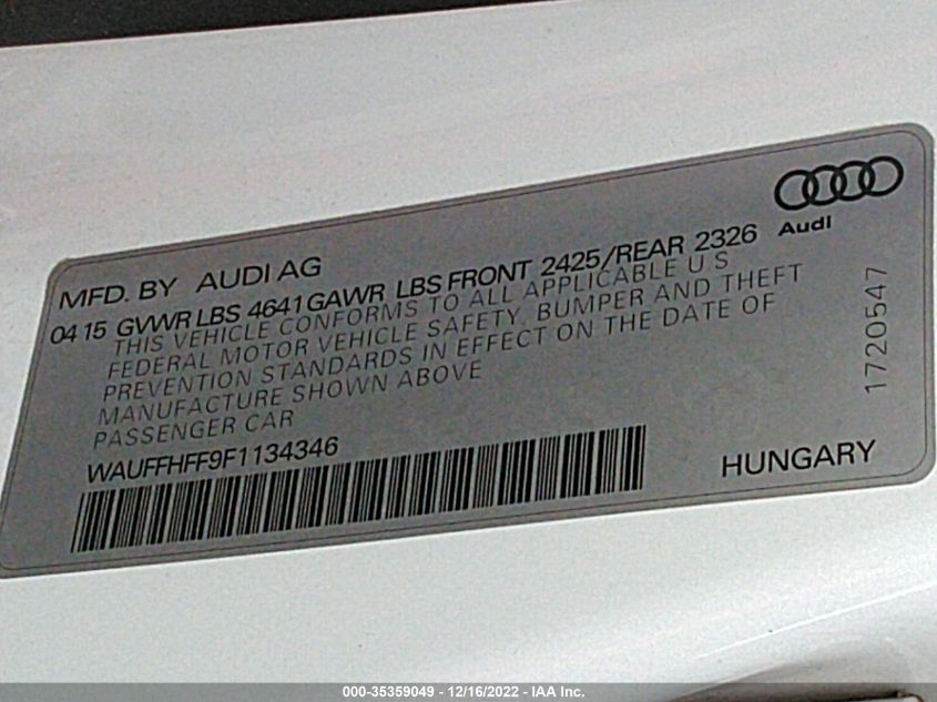 2015 AUDI S3 2.0T PRESTIGE WAUFFHFF9F1134346