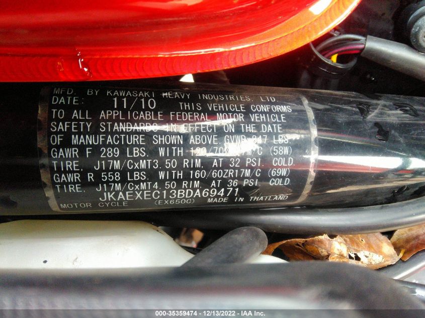 2011 KAWASAKI EX650 C JKAEXEC13BDA69471