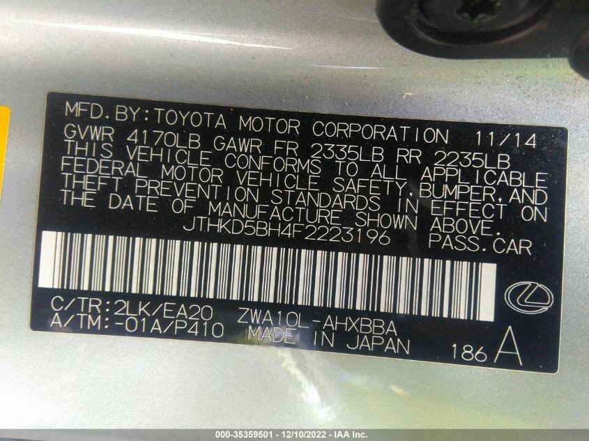 2015 LEXUS CT 200H HYBRID - JTHKD5BH4F2223196