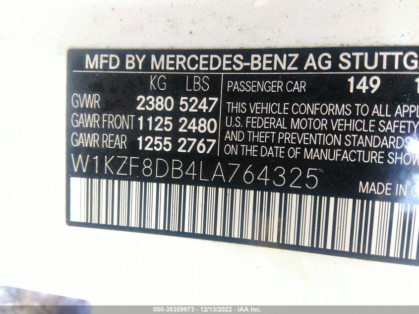 VIN W1KZF8DB4LA764325 2020 MERCEDES-BENZ E-CLASS E 350