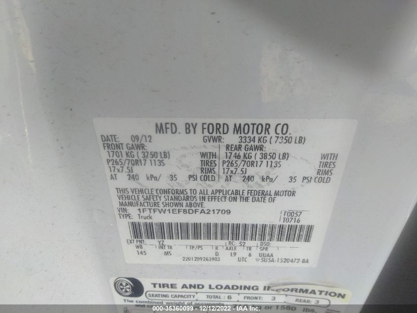 2013 FORD F-150 XL/XLT/FX4/LARIAT 1FTFW1EF8DFA21709