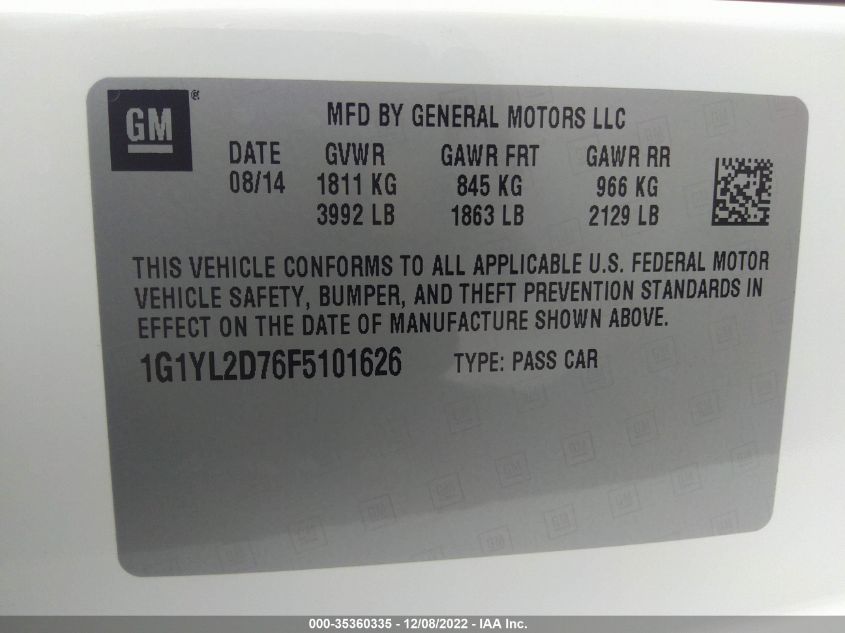 2015 CHEVROLET CORVETTE Z51 3LT - 1G1YL2D76F5101626