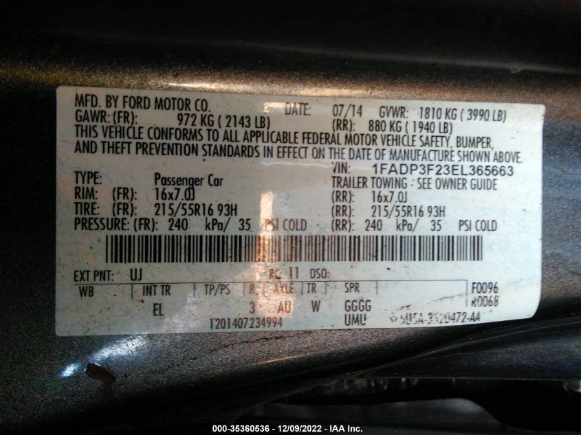 2014 FORD FOCUS SE 1FADP3F23EL365663