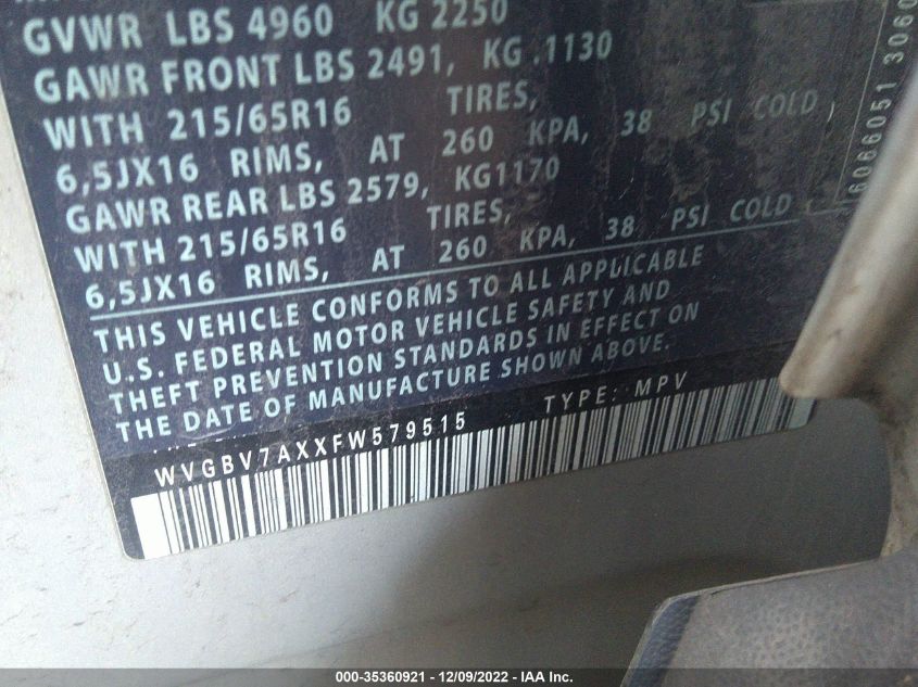 2015 VOLKSWAGEN TIGUAN S - WVGBV7AXXFW579515