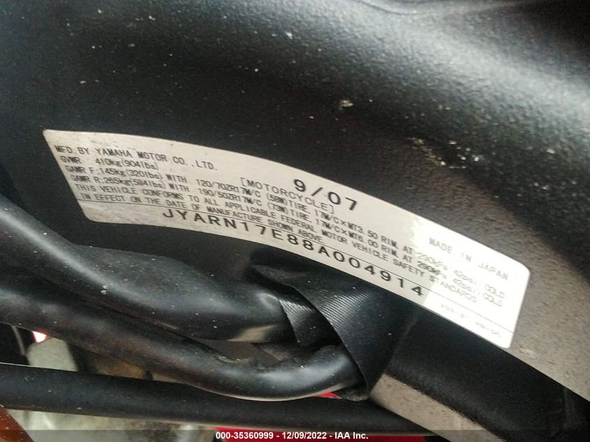 2008 YAMAHA FZ1 S JYARN17E88A004914